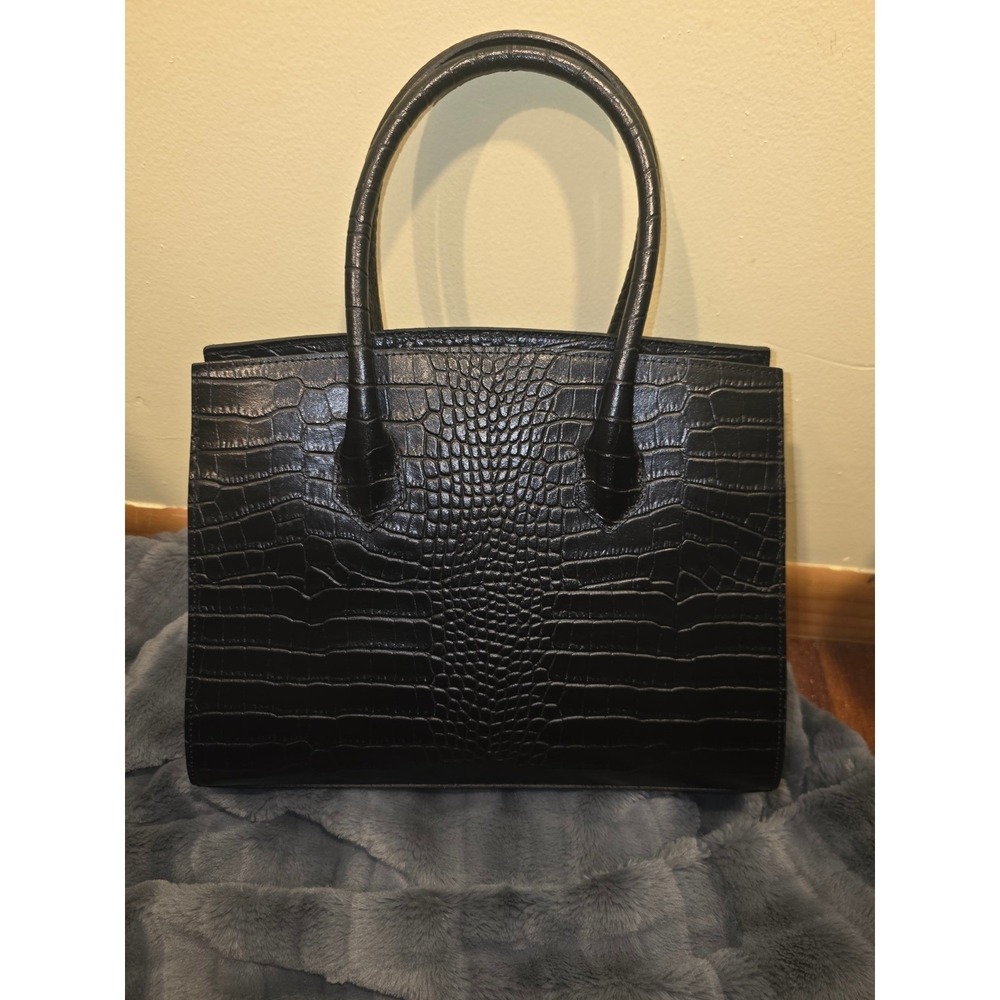 Georgio's and Son Black Croc Embossed Satchel Handbag with Crossbody Strap - Picture 4 of 16